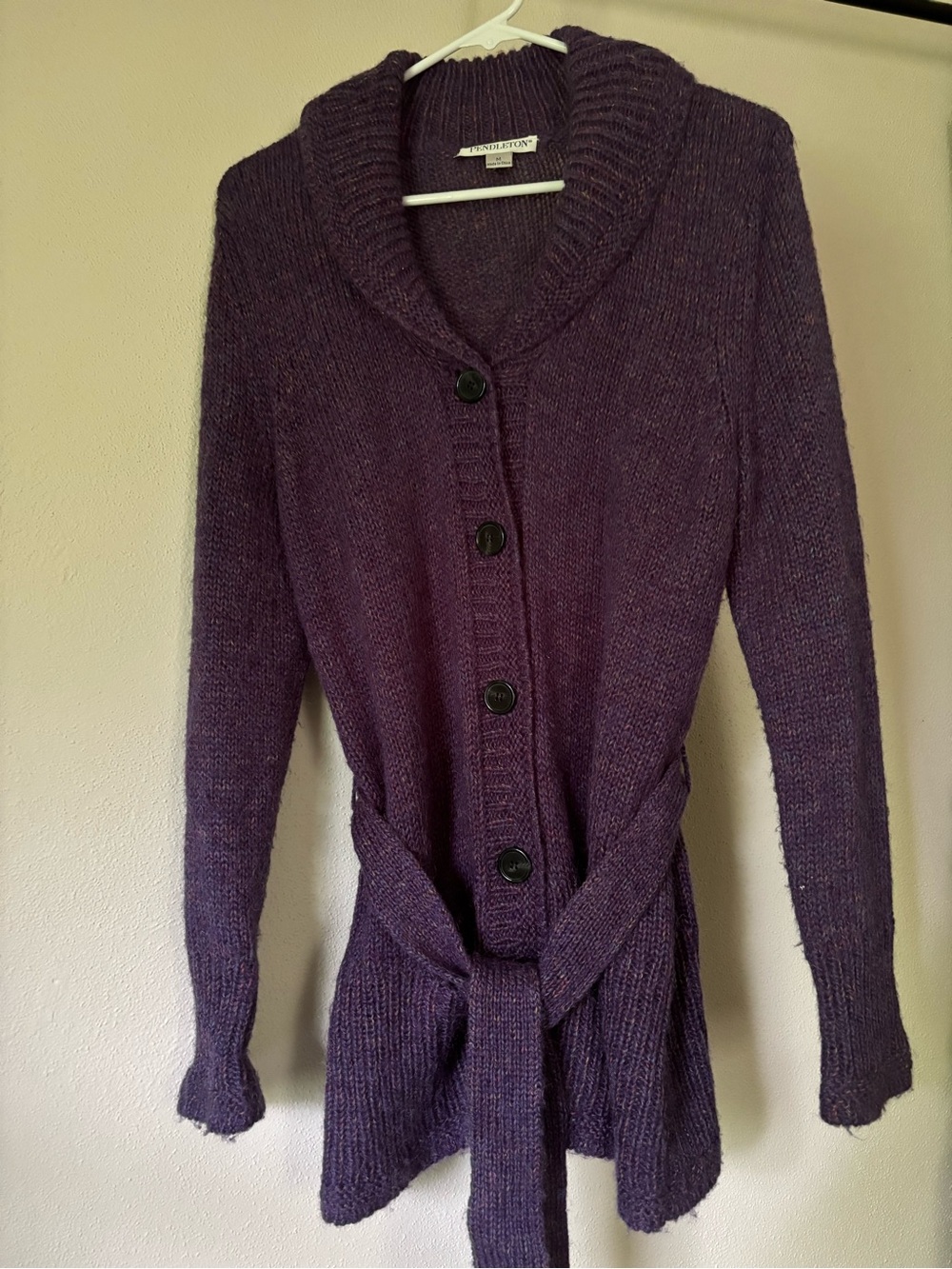 Pendleton Purple Shawl Collar Button Cardigan with Belt